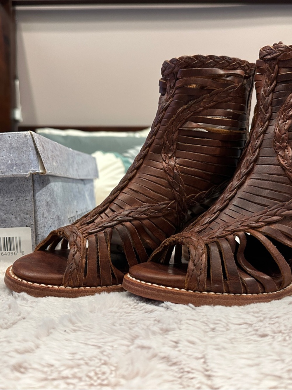 Freebird by Steven, Bela Cognac Multi Braided Leather Peep-Toe Sandals, Size 9.